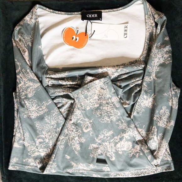 Cider Toile Print Ruched Square Neck Top | XL | Long Sleeve Feminine Cottagecore - Picture 8 of 8